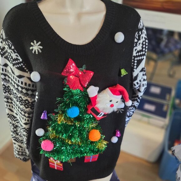 Fun sweater for office holiday competition. Ornaments have been hand sewn on - Picture 1 of 8